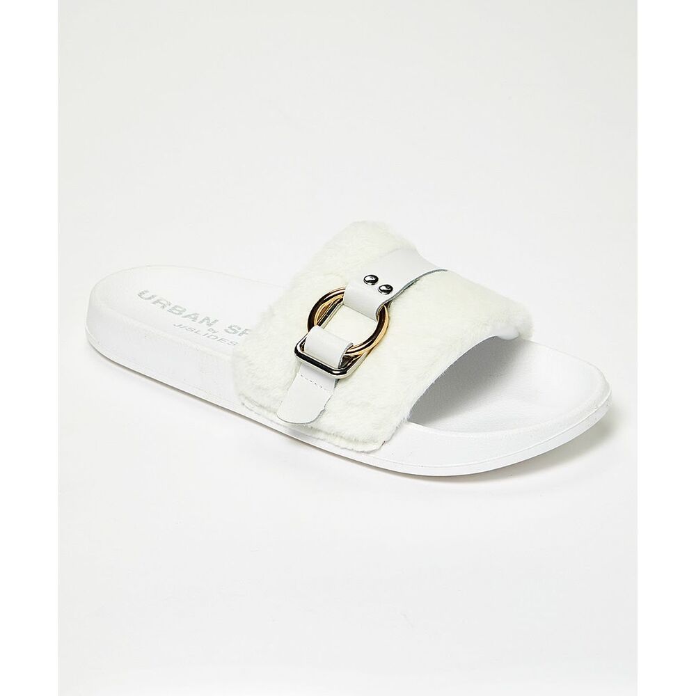 NIB Urban Sport by J/Slides Bravo White Plush Slide Sandals Women's Size 9